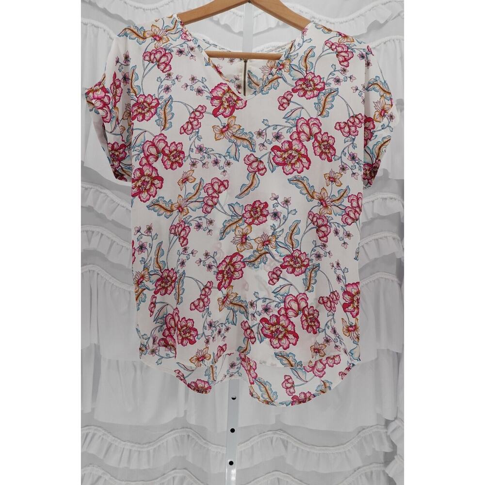 Hippie Rose Women's Floral Short-Sleeve Back Zipper Multicolor Blouse SZ Medium